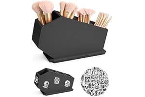 Onism Coffin Brush Holder, with 50 Goth Stickers, Gothic Decor Holder Spooky Halloween Decor for Bathroom, Living Room & Bedroom, 11x6x4 Inches, Black