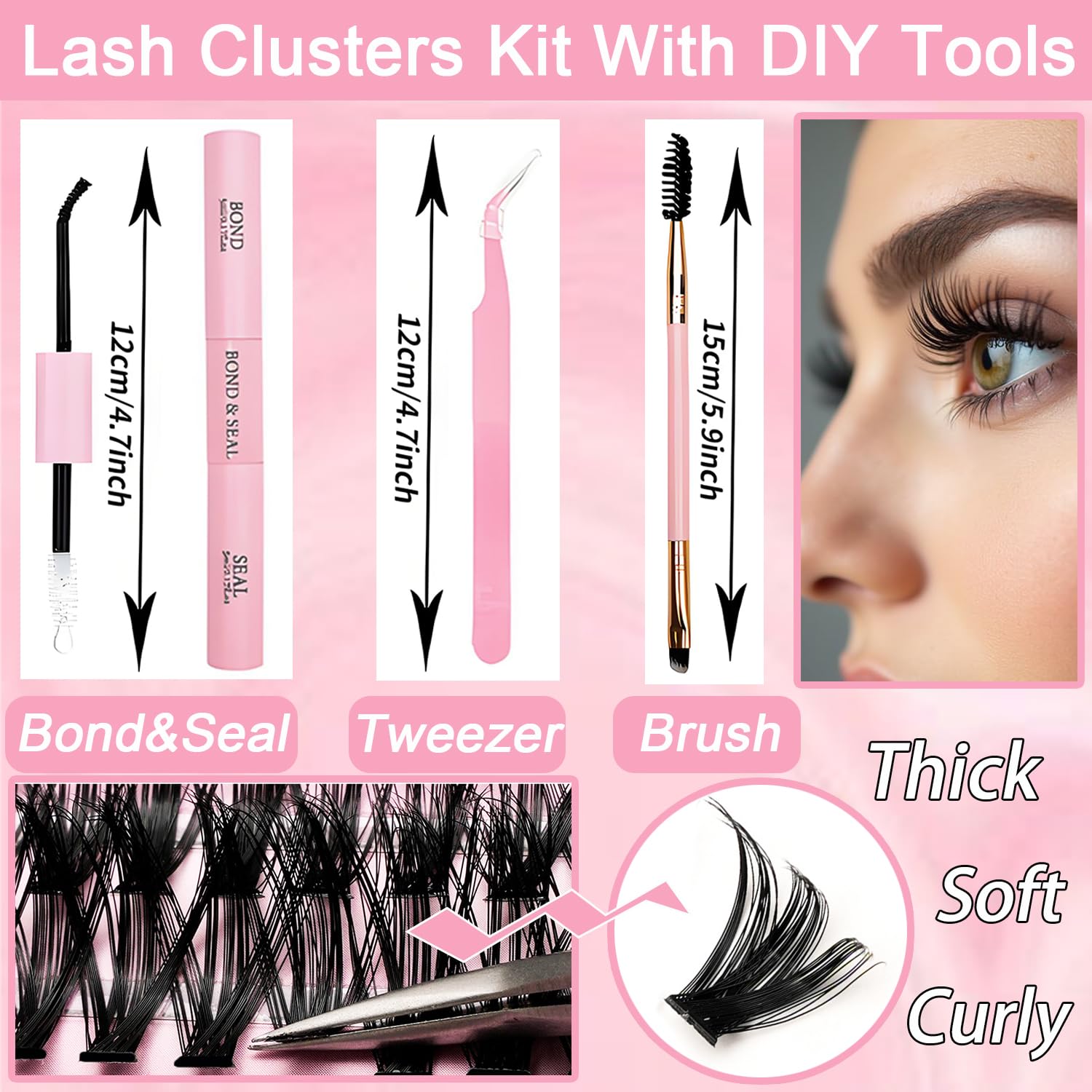 OLLAVO Lash Clusters Kit, 640 Pcs Eyelashes Clusters Extensions Kit 9-16mm Individual Lashes D Curl Fluffy Wispy False Eyelashes Thin Band, with Bond Seal Tweezers Brush DIY (30D+40D+50D+60D Kit 9-16mm)