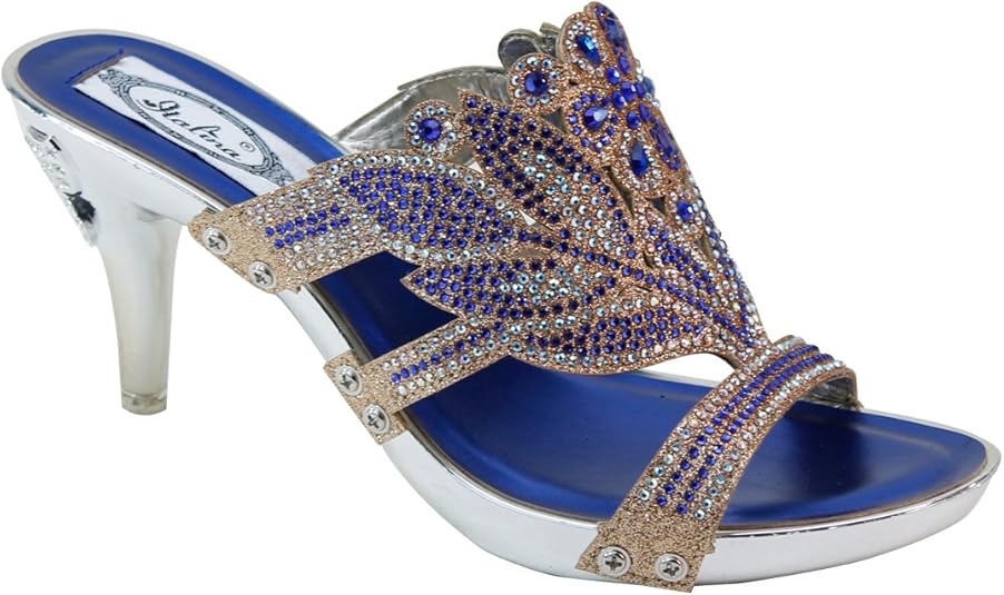 Amazon.com | Master New Women's Rhinestone Kitten Heel Platform Slide Sandals (9, Blue) | Sandals