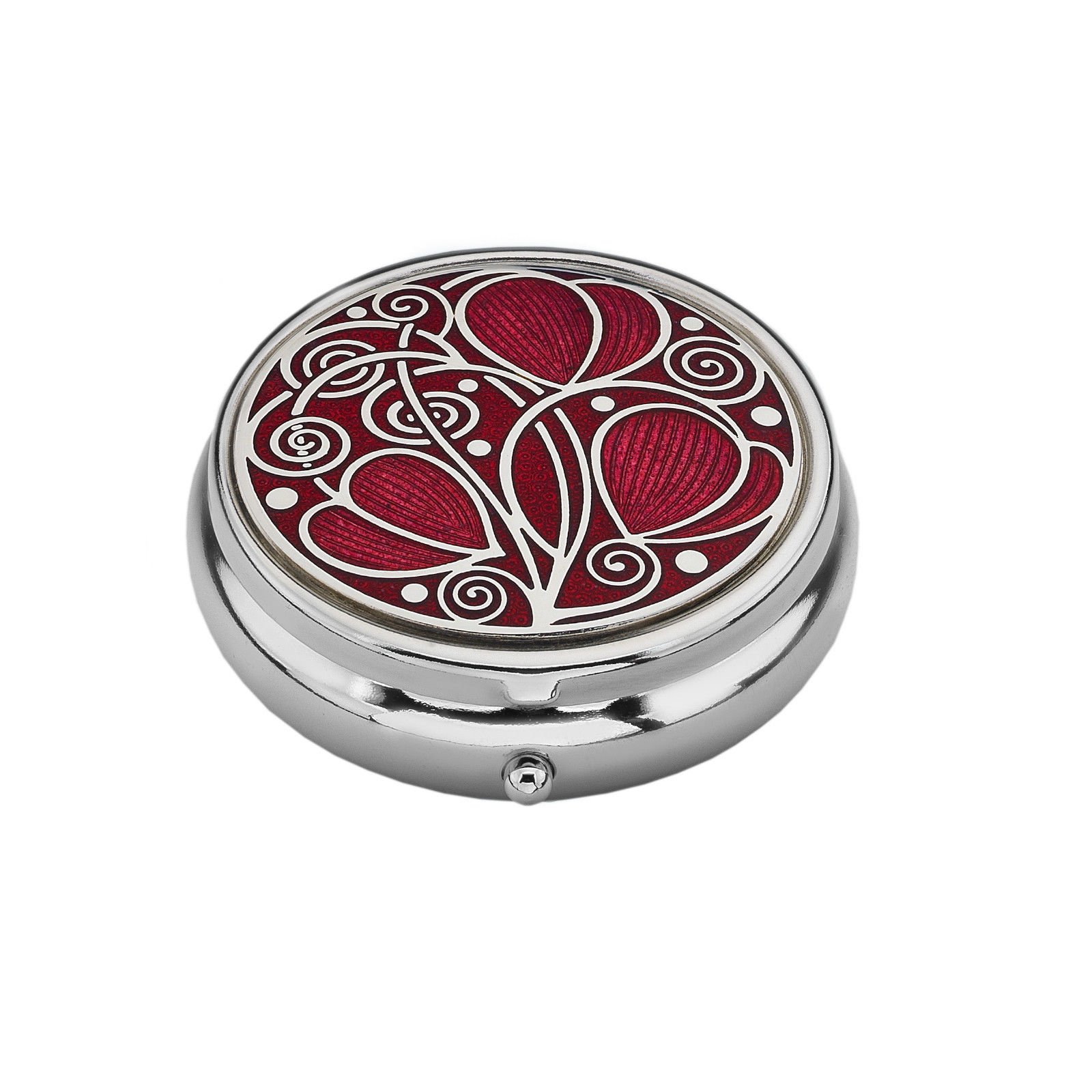 Large Pill Box - 3 Compartment - Rennie Mackintosh Leaves & Coils Design - Enamelled Pewterware - Red/Fuchsia - 5 cm