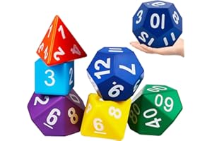 Arrowbash 6 Pcs Jumbo Polyhedra Dice 3.94 Inch Jumbo Foam Polyhedral Dice 6 Set 4, 6, 8, 10, 12 Sides Gifts for Games Teach Numbers Addition Subtraction Probability Learning, Multicolor