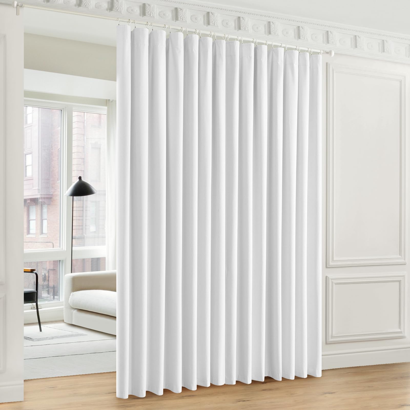 Photo 1 of LumiLoom 100% Blackout Curtains 108 Inch Length 2 Panel Set, Heavy Duty Flax Linen Soundproof Curtains for Extra Wide Sliding Door, W100 x L108 Inch-White
