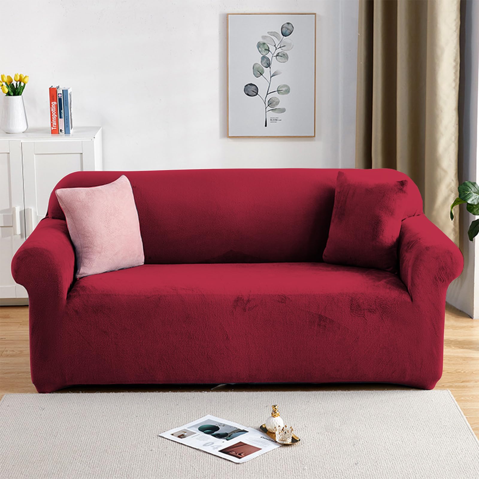 PETCUTE Elastic sofa covers 2 Seater sofa slipcovers velvet thick couch cover sofa covers Wine red — image 1