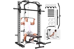 OPPSDECOR All-in-One Adjustable Smith Machine with LAT-Pull Down System Multi-Function Power Cage for Home Gym Cable Crossover Squat Rack of Workout Machine Training Equipment with Attachments