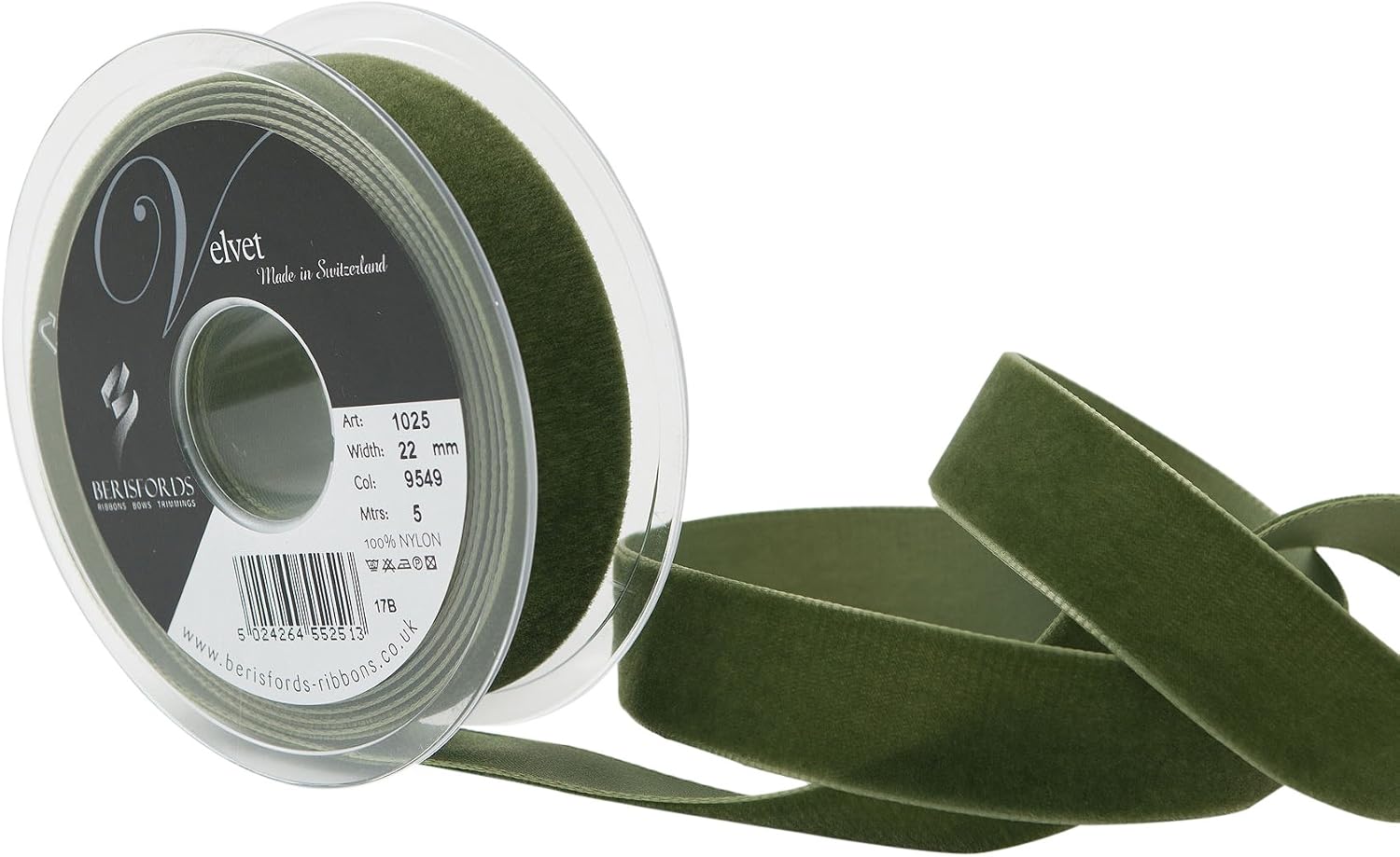 Berisfords Velvet Ribbon, Moss, 5 m, width 22 mm