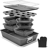Gymdin 12PCS Nonstick Bakeware Set, Non-Toxic Carbon Steel Baking Pans Set with Wider Grip, Includes Roasting Pan, Cookie Sheet, Cake Pans, Muffin Pans, Cooling Rack, Oven Mitts, Easy Release