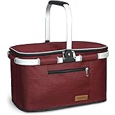 LIQING 35L Large Picnic Basket 2 Layers of Internal Pockets Leak-Proof and Insulated ，Folding with Internal Support for enhansed Stability, Wedding Gifts for Couple(Wine red)
