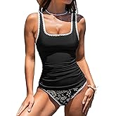 CUPSHE Women's Tankini Sets Two Piece Swimsuit Square Neck Stitching Bathing Suit Ruching Adjustable Wide Straps