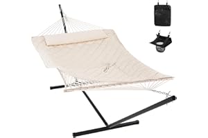ANOW Heavy Duty Hammock with 12FT Steel Stand Included, Rope Hammock with Detachable Pillow and Pad, 450 LBS Weight Capacity, Cream