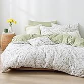 LEMIROE Botanical Cotton Comforter Queen Size - Tender Green Comforter Printed with Leafy Branches & Purple Stamens on Off-White,Reversible Lightweight Bedding Sets 3Pcs