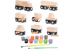 Orbrium 8 Unpainted Train Cars with 12 Colors Paint and Paint Brushes Set for Wooden Railway Compatible with Thomas, Chuggington, Brio, for Birthday Party Train Theme