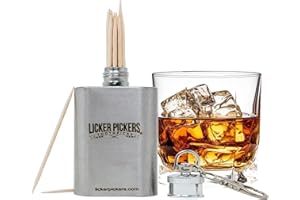 LICKER PICKERS TOOTHPICKS PROUDLY MADE IN DALLAS TEXAS . UNITED STATES OF AMERICA Licker Pickers Single Malt Scotch Flavored All White Birchwood Toothpicks 25 Liquor Infused Picks with Bonus 2oz Stainless Steel Flask