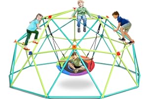 Hapfan 10 ft Climbing Dome Swing Set with Saucer Swing, Jungle Gym for Kids Outdoor Backyard, Supports 800lbs, Easy Asssembly, Rust-Resistant Outdoor Playset for Ages 3-8 8-12