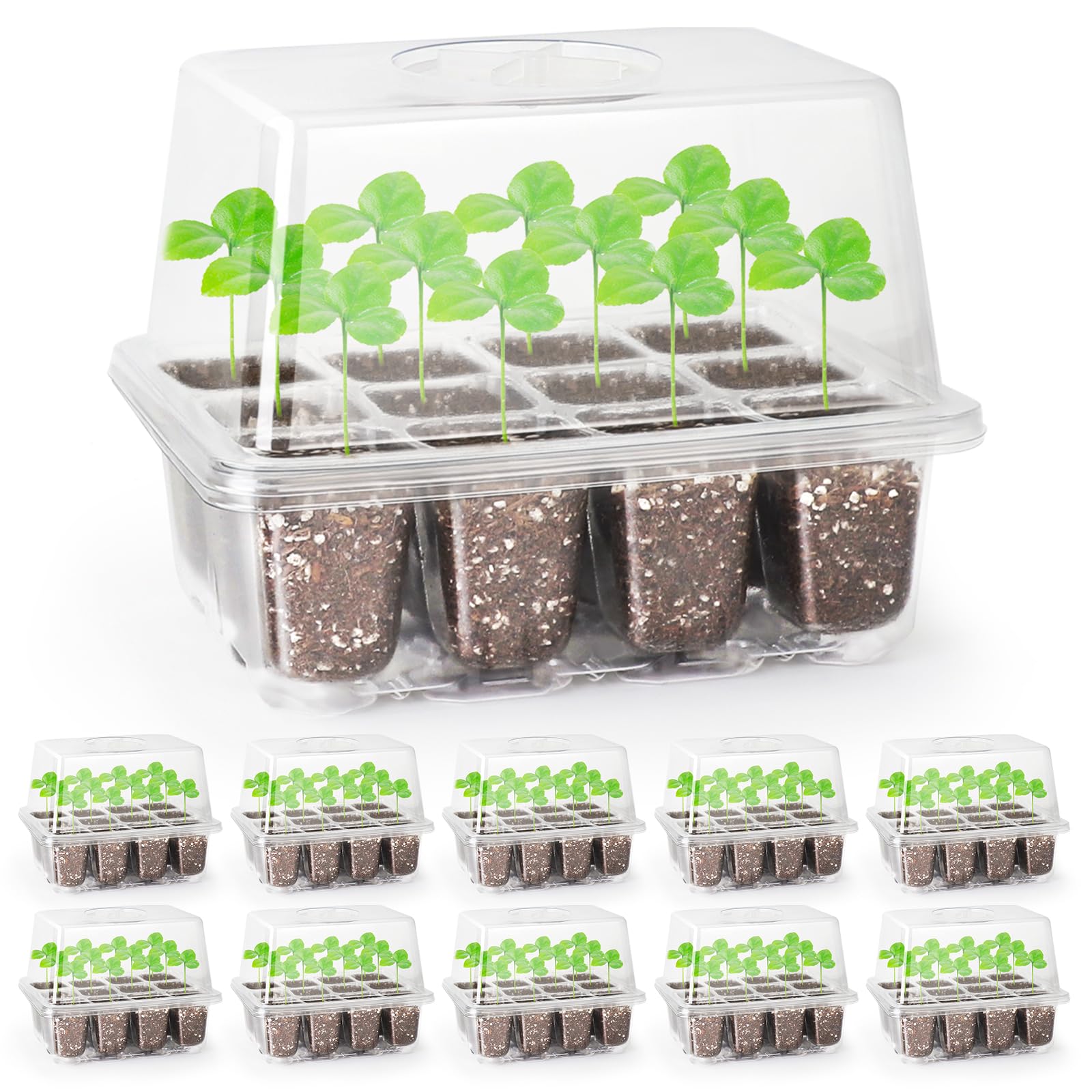MIXC Seed Trays, 10 Pack 120 Cells Seed Tray for Seedlings Reusable Seed Trays with Lids, propagators for plants, Germination Trays Kit Plastic for Greenhouse/Garden Clear