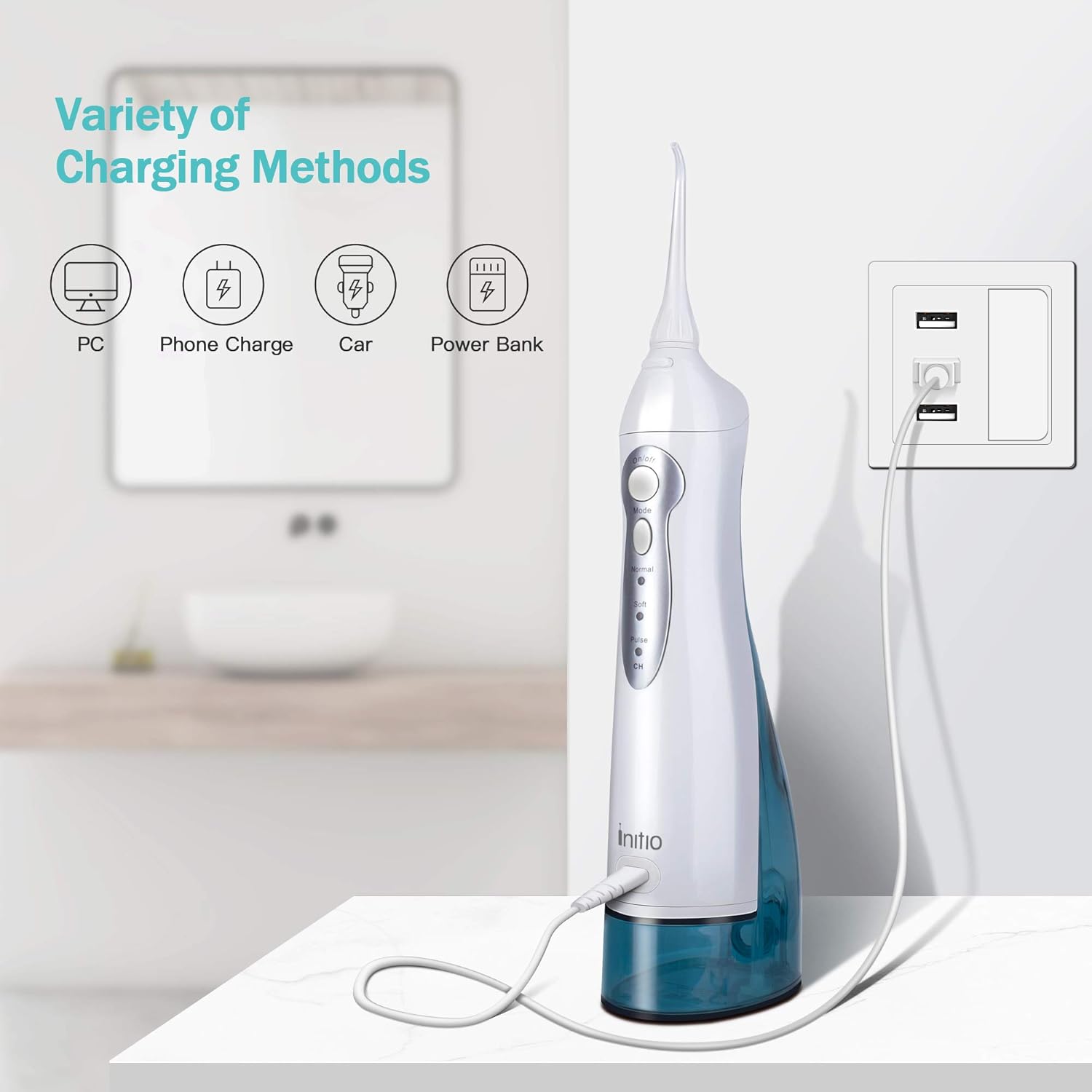 Initio Water Flosser 3 Modes, 300ML Cordless Dental Oral Irrigator, 3 Modes and 6 Jet Tips, IPX7 Waterproof with Travel Bag, Rechargeable Waterproof Teeth Cleaner for Home and Travel: Beauty