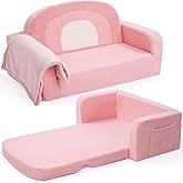 Foryoomi Extra Wide Kids Couch, 2-in-1 Soft Toddler Couch with Blanket, Comfy Toddler Chair, Convertible Sofa with Cute Rainbow Design, Pink