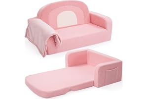 Foryoomi Extra Wide Kids Couch, 2-in-1 Soft Toddler Couch with Blanket, Comfy Toddler Chair, Convertible Sofa with Cute Rainbow Design, Pink