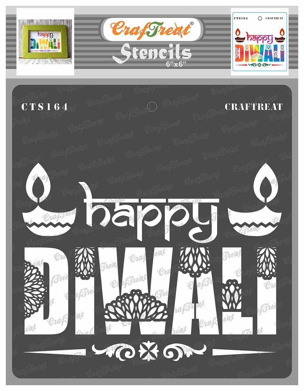 CrafTreat Reusable Indian Diwali Stencils for Painting on Wood, Wall, Tile, Canvas, Paper, Fabric and Floor - Happy Diwali Stencil - 6x6 Inch - DIY Art and Craft Stencils - Stencil for Diwali