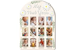 ORIGACH My First Year Baby Growth Photo Display Board, 12 Months Newborn Milestones Wood Keepsake Board for 1st Birthday & Nu
