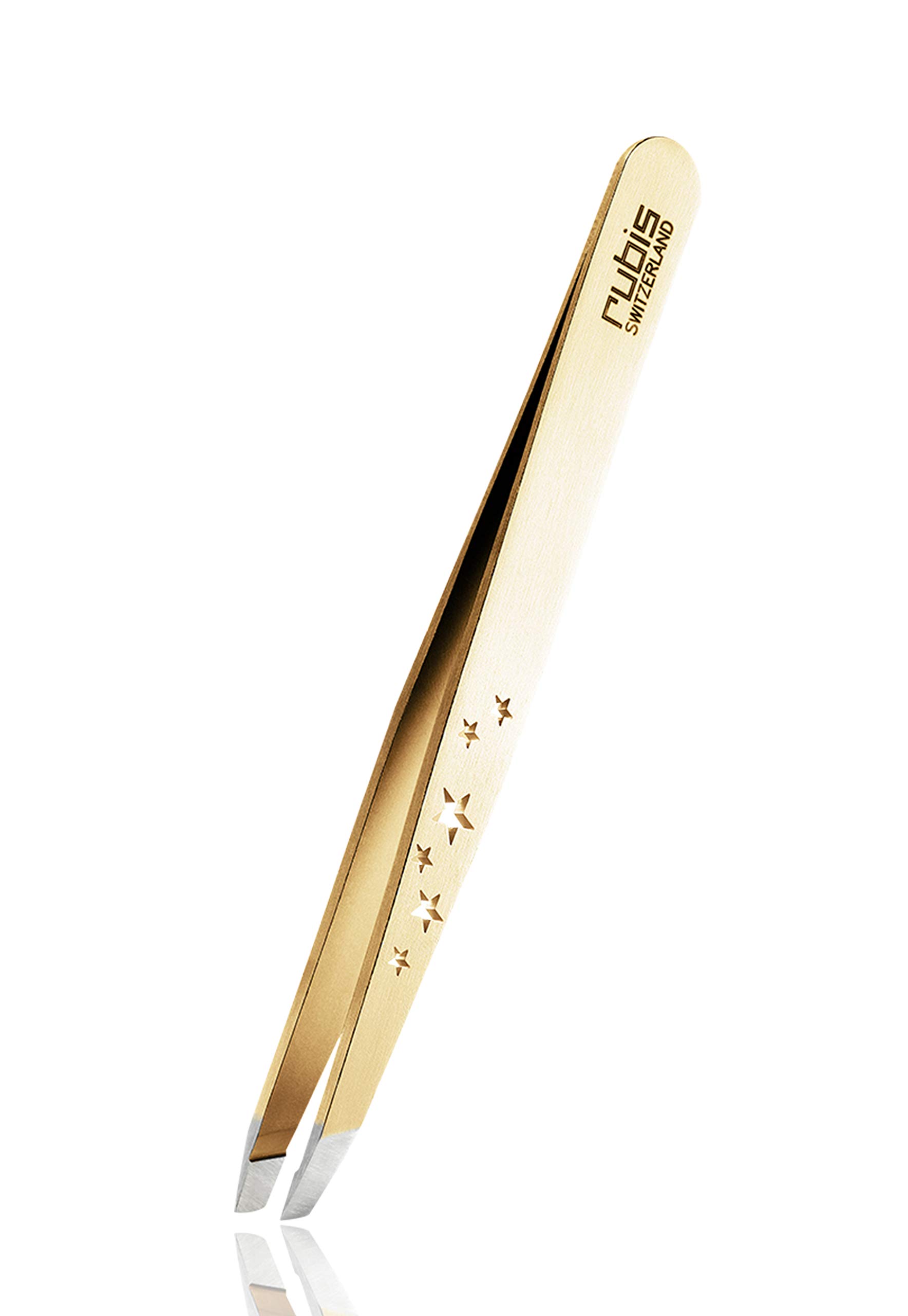 Rubis Prestigious line - Gold Coated - Professional Eyebrow Tweezers Slanted Tip - Slanted Tweezers for Eyebrow Plucking and Hair Removal - Six Stars Gold