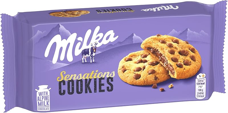 Biscoito de biscoito com sensações de milka com chocolate de leite pepitas e preenchimento de chocolate lilk do alpes 156 g
