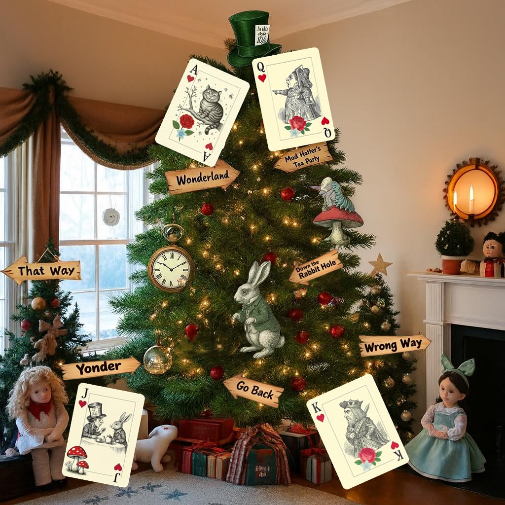 Photo 1 of 15 Pcs Alice Party Decorations,Wonderland Christmas Tree Decorations,Alice Trunk or Treat Wonderland Tea Party Decor,Vintage Style Wall Art Paper Sticker Set