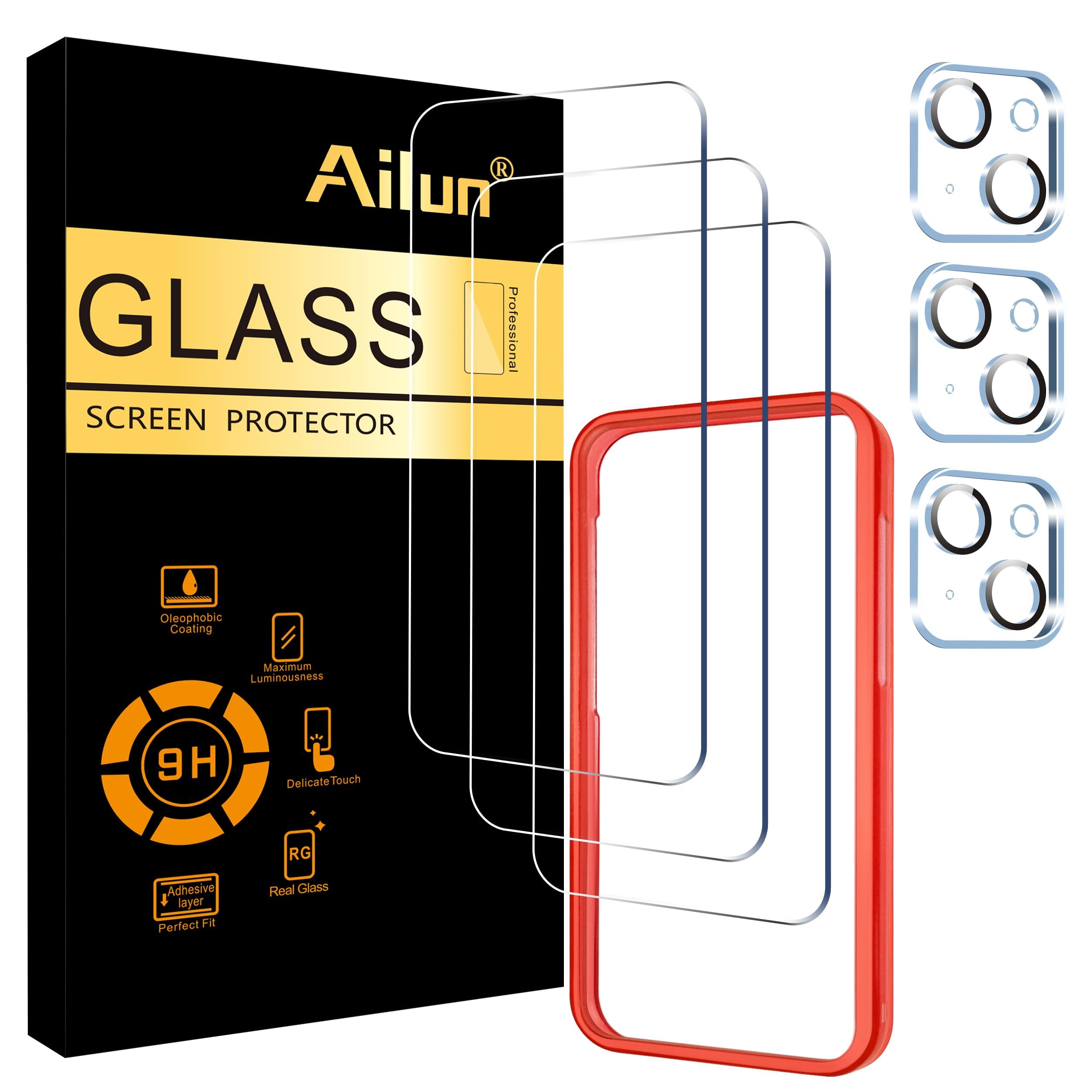 Photo 1 of Ailun 3 Pack Screen Protector for iPhone 15 [6.1 inch] + 3 Pack Camera Lens Protector with Installation Frame,Case Friendly Tempered Glass Film,[9H Hardness] - HD