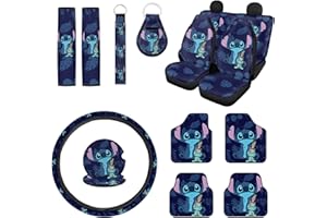 saevcuh 15 Pcs Cartoon Car Accessories Set Include Car Seat Cover Car Floor Mats Car Steering Wheel Cover Seat Belt Pads Car Coasters Keychain for Car Decor SUV Truck Auto Sedans