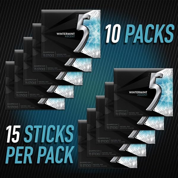 5 GUM WINTERMINT ASCENT SUGAR FREE CHEWING GUM BULK, 15 STICK BOX (PACK OF 10)