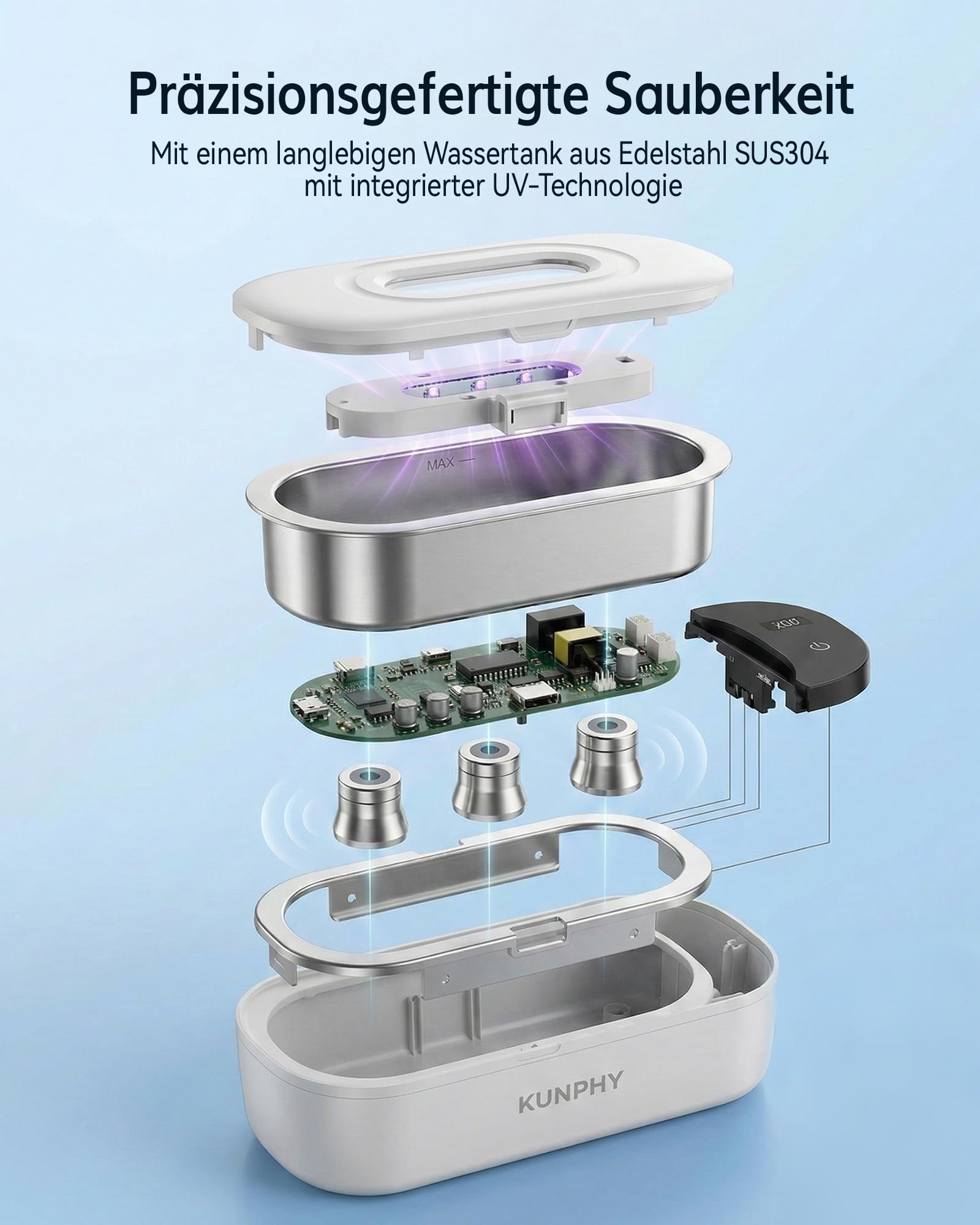 KUNPHY Ultraschallreinigungsgerät mit U-V – Brillenreinigungsgerät 400ml(20Oz) 48kHz, Ultrasonic Cleaner mit digitalem Dual-Modus-Display(5/10min), Ultraschallreiniger für Brille, Schmuck, Uhren 6