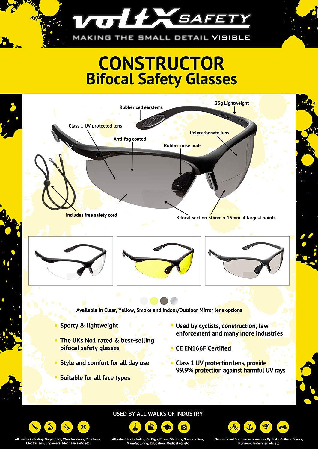 voltX 'CONSTRUCTOR' BIFOCAL Reading Safety Glasses (SMOKE/GRAY +2.5 Dioptre) UKCA & CE EN166F certified/Cycling Sports Glasses includes safety cord + UV400 anti fog coated lens - Image 3