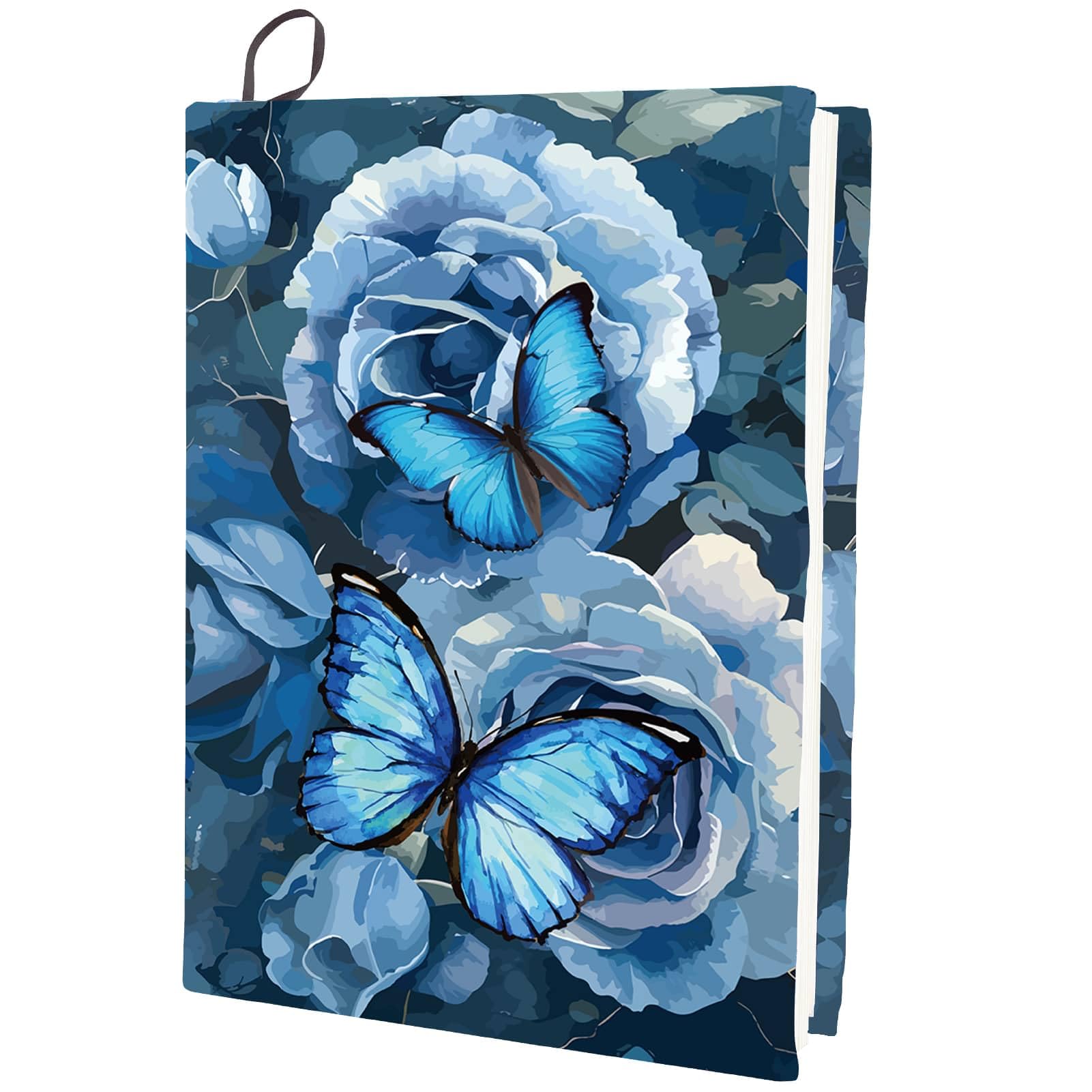 CRASPIRE Blue Rose Stretchable Book Cover Butterfly Flower Washable Reusable Large Nylon Cloth Polyester Book Protector Elastic Notebook Wraps Suitable for Most Hardcover Books Students
