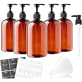 Alora 5-in-1 Apothecary Bottles for Home & Commercial Use - 16oz Elegant 8.5x3in Refillable Amber Shampoo Storage, Handwash, Massage Oils - Includes 24 Waterproof Labels, Bonus 2CC Pump & Funnel