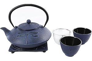 Cuisiland 27oz Cast Iron Teapot Set, Japanese Tetsubin Teapot with Enamel Coated Interior, Dragonfly Design, Excellent Heat R