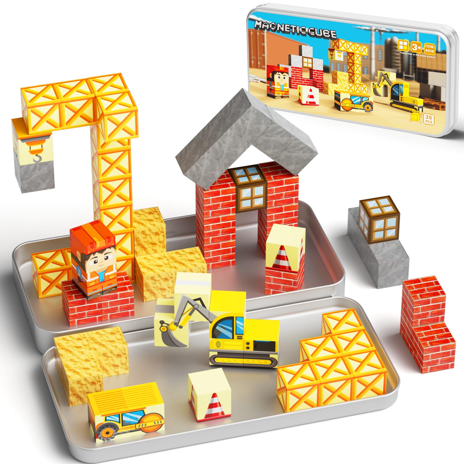 WMXDU Magnetic Blocks with Magnet Box-35PCS Magnet Cubes, Magnetic Tiles Kids Build Cubes Travel Game Toys, Road Trip ‌Sensory Toy Christmas Birthday Gifts for Boys & Girls Ages 3