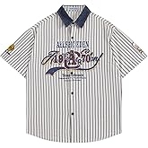 Aelfric Eden Men's Striped Denim Collar Shirts Short Sleeve Button Down Polo Shirt Vintage Casual Summer Beach Shirts