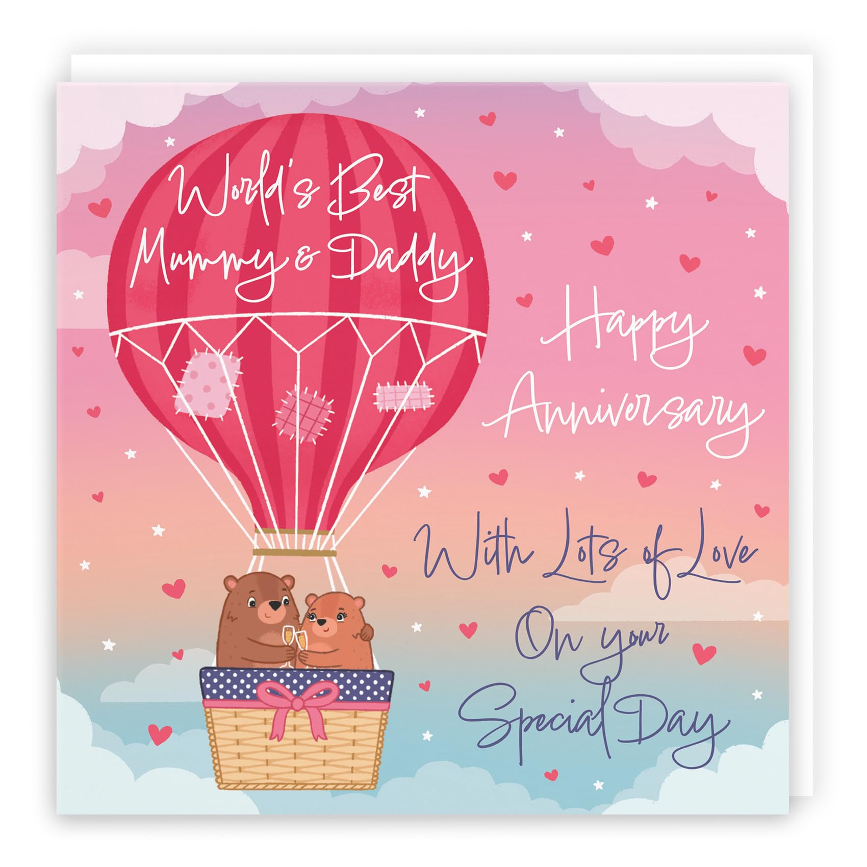 Hunts England - Mummy And Daddy Hot Air Balloon Anniversary Card - Cute Bears - Luxury Anniversary Card For Mummy And Daddy - Cute Mummy And Daddy Anniversary Card - Champagne And Love Hearts — image 1