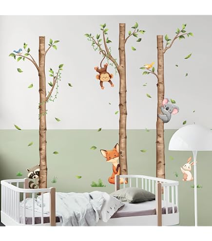 Large Birch Tree & Jungle Animals Wall Decal Set — Peel & Stick, Waterproof, For Nursery & Kids' Rooms - View #5