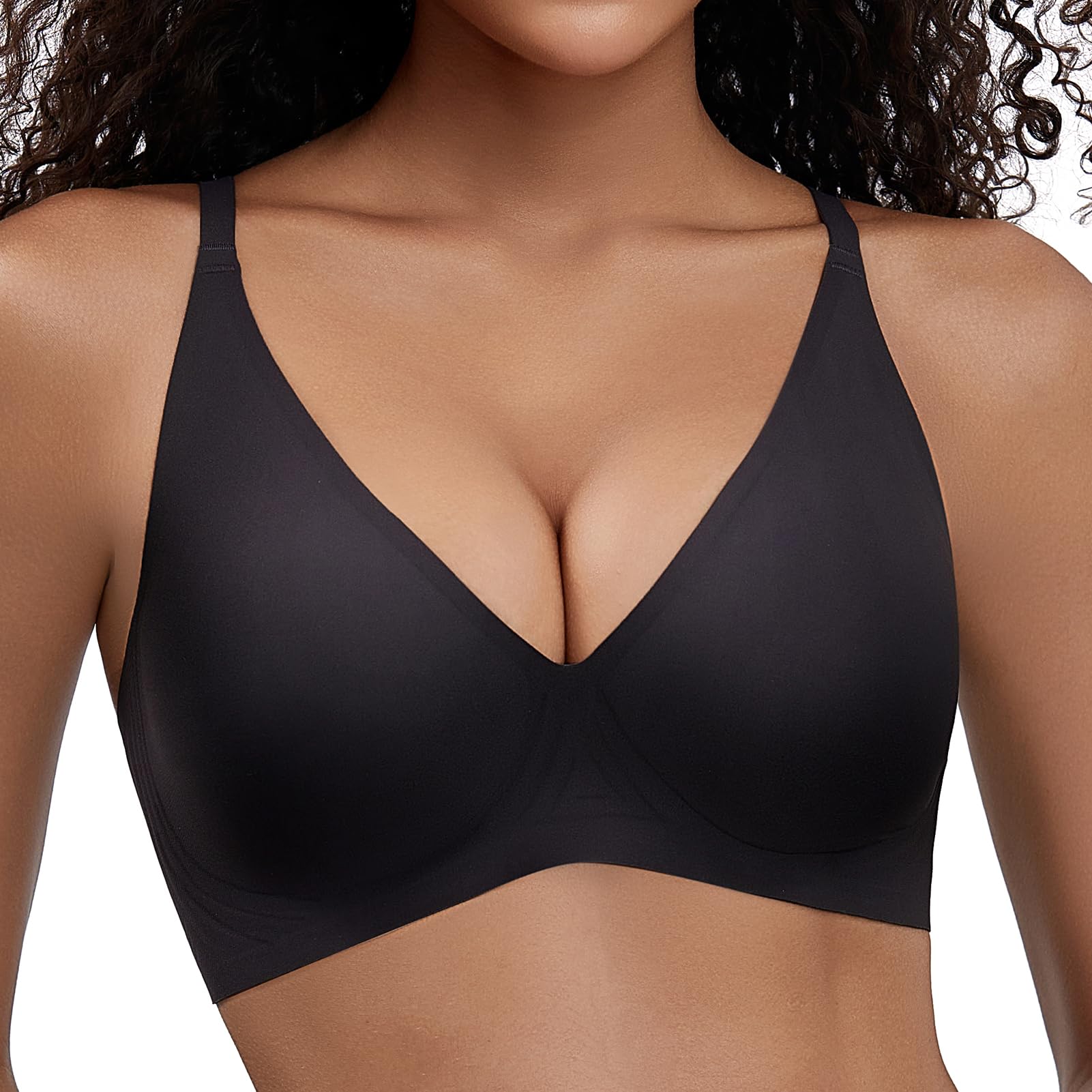 PQK Wireless Bras for Women Deep V Supportive Bras Flexible Soft Bralette Seamless T Shirt Bras No Underwire (Size S Black)