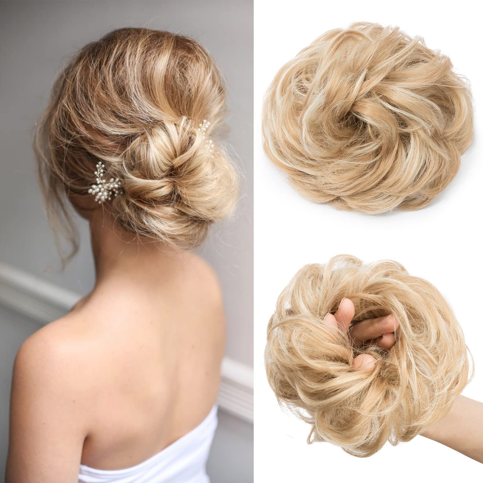 Cybelleza Messy Scrunchie Style Hair Bun Extensions - Wavy & Curly - Dark Blonde & Bleach Blonde - Heat Resistant Synthetic - Clip-In Installation