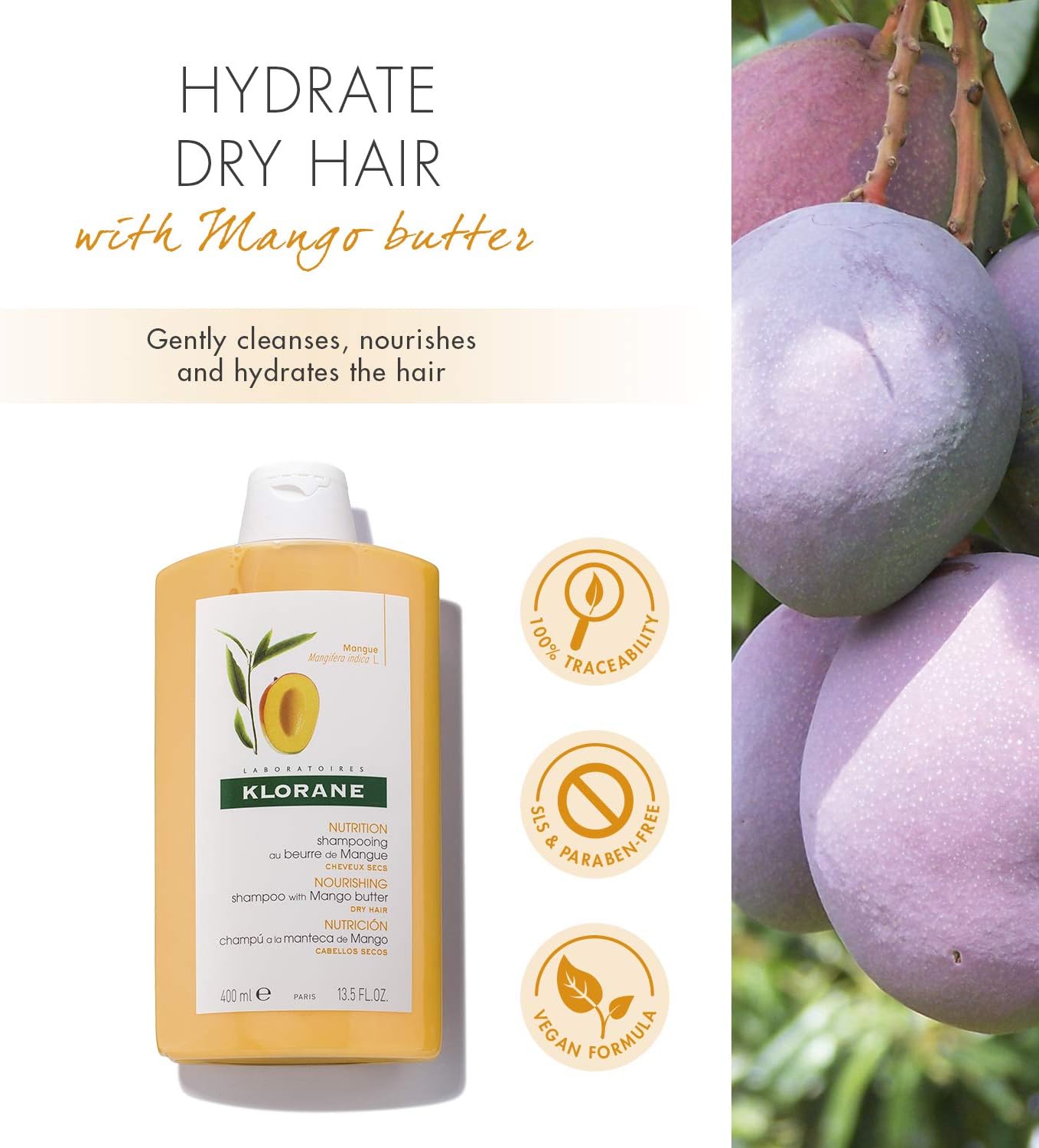 Klorane Nourishing Mango Butter Shampoo - For Dry Hair - Biodegradable** Formula - Sulphate Free - Vegan* - 1x 400 ml Bottle - Image 4