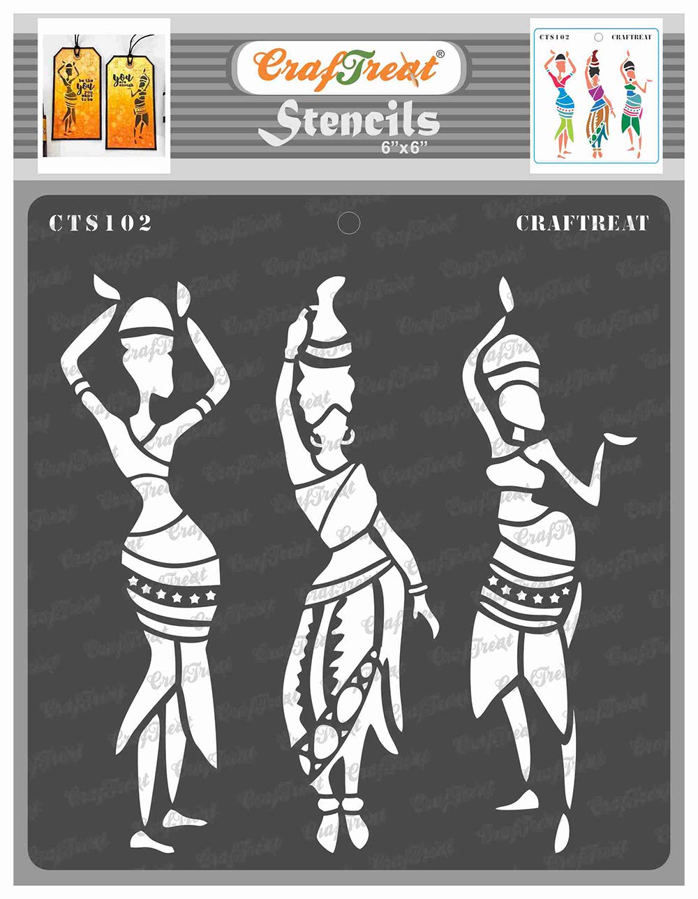 CrafTreat African Tribal Stencils for Crafts Reusable Vintage - Tribal Dancers - Size: 6X6 Inches - Tribal Pattern Stencil for Furniture Painting - African Stencils for Painting on Concrete, Canvas