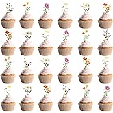 48 Pcs Wildflower Party Cupcake Toppers for Floral Birthday Baby Shower Party Decorations