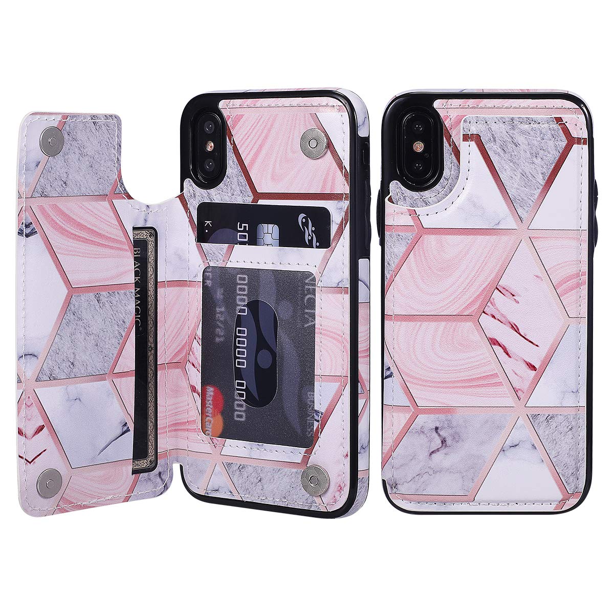 UEEBAI Case for iPhone X iPhone XS, Premium PU Leather Case Geometric Marble Pattern Back Wallet Cover [Two Magnetic Clasp] [Card Slots] Stand Function Durable Soft TPU Case - Grey & Pink — image 1