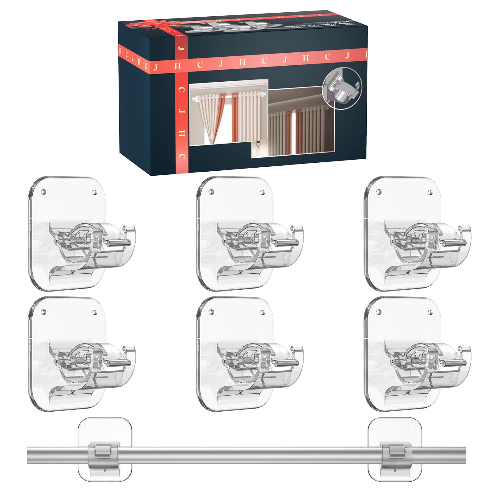 Adhesive Curtain Rods No Drilling Holder 40LB, No Drill Curtain Rod Brackets,Renter Friendly Curtain Hooks for Hanging Drapes,Over Blinds for Dorm Apartment Kitchen Bedroom Home Bathroom