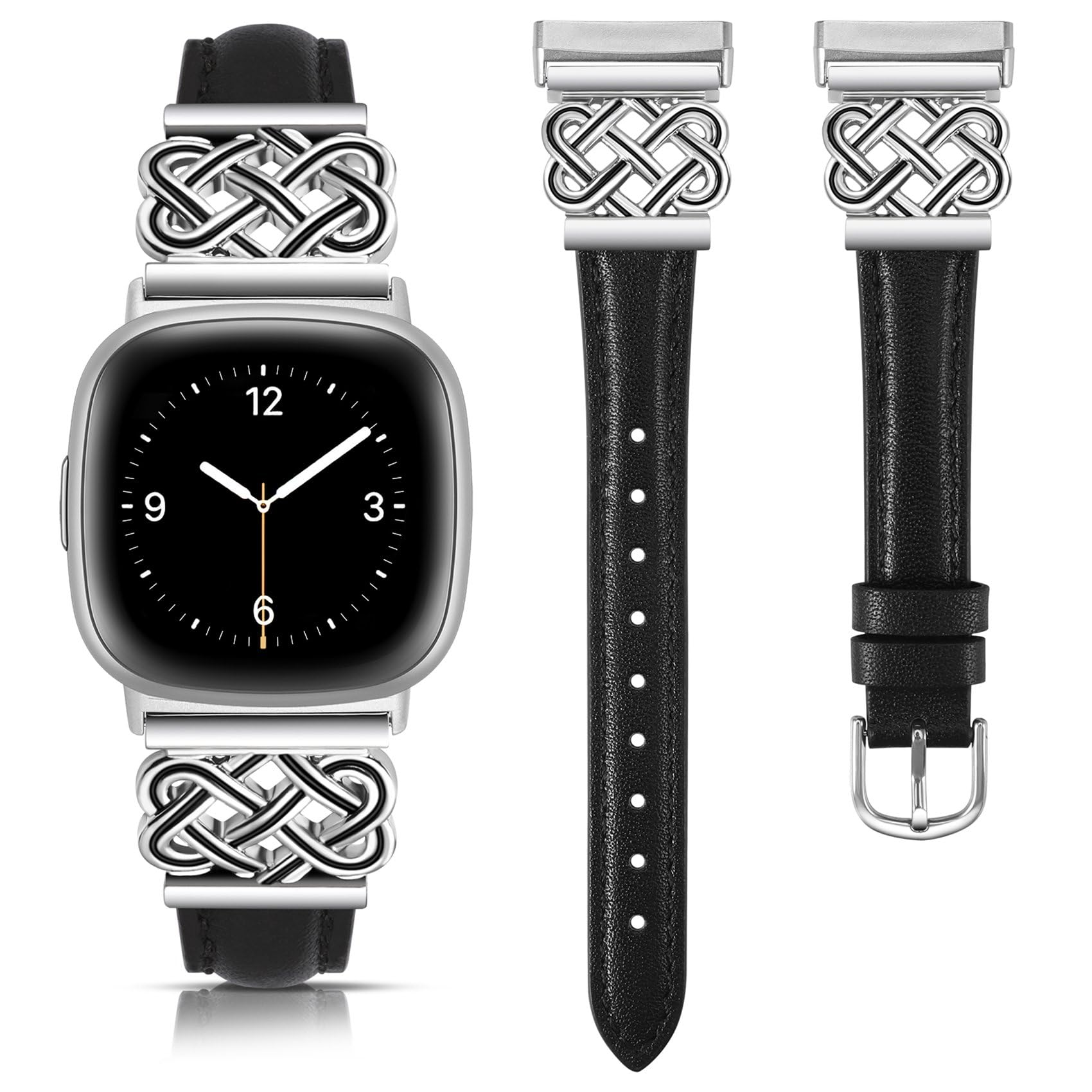 TOYOUTHS Leather Straps Compatible with Fitbit Versa 4/Versa 3/Sense 2/Sense Strap Women, Slim Thin Dressy Designer Premium Leather Strap with Interlock Buckle for Versa 4 Sense 2, Black/Silver