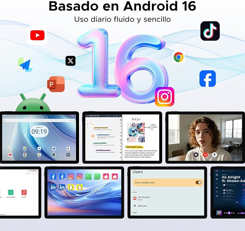 P11 Android 16 Tablet 11 Pulgadas, 48GB RAM + 128GB ROM/2TB TF, T7250 Octa-Core, 90Hz, 8800mAh, 13MP+5MP, Gemini AI, Widevine L1, Face ID, GPS, OTG, Doble altavoz, Tablet con Teclado y Lápiz, Negro
