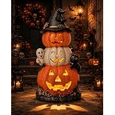 Solar Lighted Halloween Pumpkin Decor, 12-Inch Stacked Pumpkin Decoration | with Witch Hat, Ghost and Black Cat, Hand-Painted Resin Outdoor Decor for Porch, Patio, Garden, Yard, or as a Gift