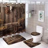 Dunmat 4PCS Western Farmhouse Shower Curtain Set with Rugs, Non-Slip Bath Mat & Toilet Cover, Waterproof Skull Rustic Cowboy Boots Hat Bathroom Set Decor