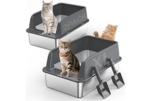 MIXJOY 2PACK Stainless Steel Litter Box, Extra Large Litter Boxes for Big Cats, XL Metal Cat Litter Box with Lid High Sides, Anti-Urine Leakage, Non-Sticky, Scoop Included